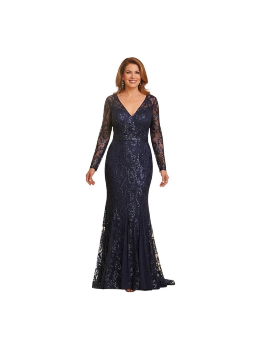 R&M Richards Women's 14W Navy Blue Sequin Lace Evening Gown Mother of the Bride